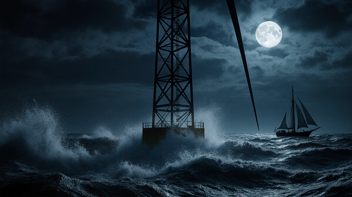 Offshore wind turbine stands in stormy waves with moonlit tower and sailboat battling turbulent waters