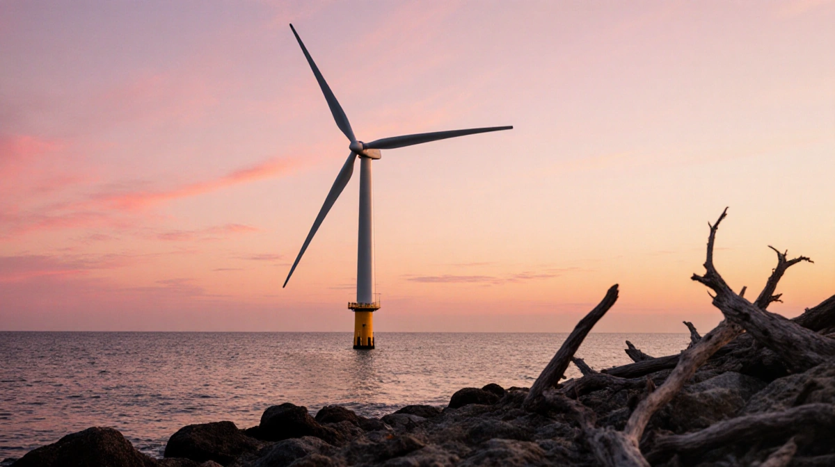 Offshore wind turbine spinning with sunrise over Atlantic waters and rugged coastline in foreground