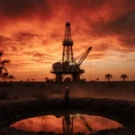 Oil rig standing tall with desert terrain and sunset sky its lights reflected in dusty well water