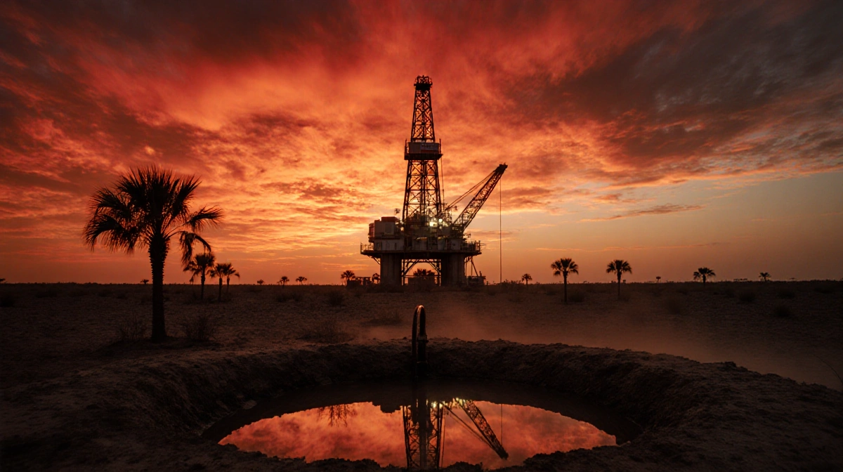 Oil rig standing tall with desert terrain and sunset sky its lights reflected in dusty well water