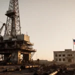 Oil rig standing alone with American flag waving and rusty pipes littered around it in a Venezuelan wasteland.