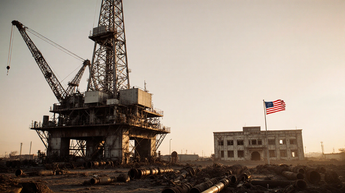 Oil rig standing alone with American flag waving and rusty pipes littered around it in a Venezuelan wasteland.