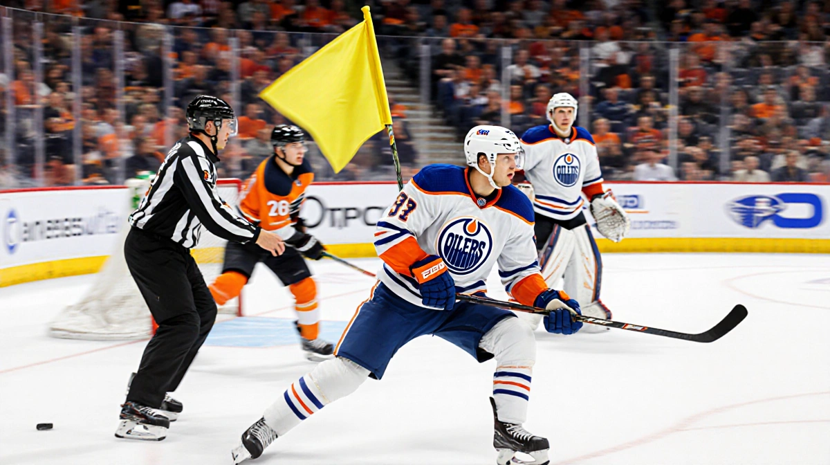 Matvei Michkov drawing a high-stick penalty with yellow flag and Bouchard ready on power play.