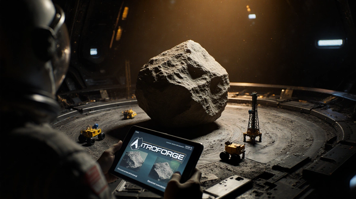 Space suit wearer holding a tablet with a 3D asteroid fragment model over a metallic surface with scattered drilling tools