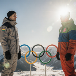 Two athletes stand side by side on a snow-covered mountain slope with Olympic rings nearby under warm winter sunlight