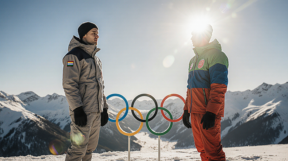 Two athletes stand side by side on a snow-covered mountain slope with Olympic rings nearby under warm winter sunlight