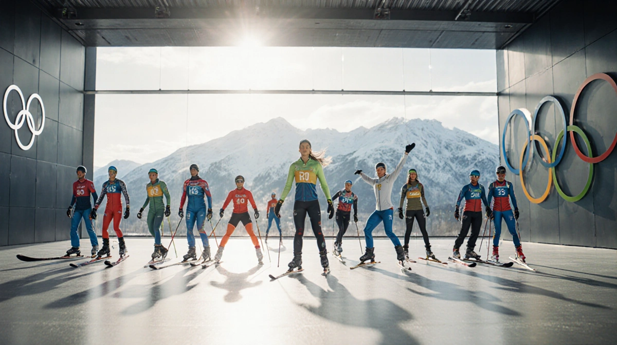 Winter athletes pose together in V-formation with Olympic logo and mountain backdrop