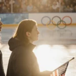 Alisa Efimova and Misha Mitrofanov stand at Olympic rink edge with faded U.S. flag showing disappointment