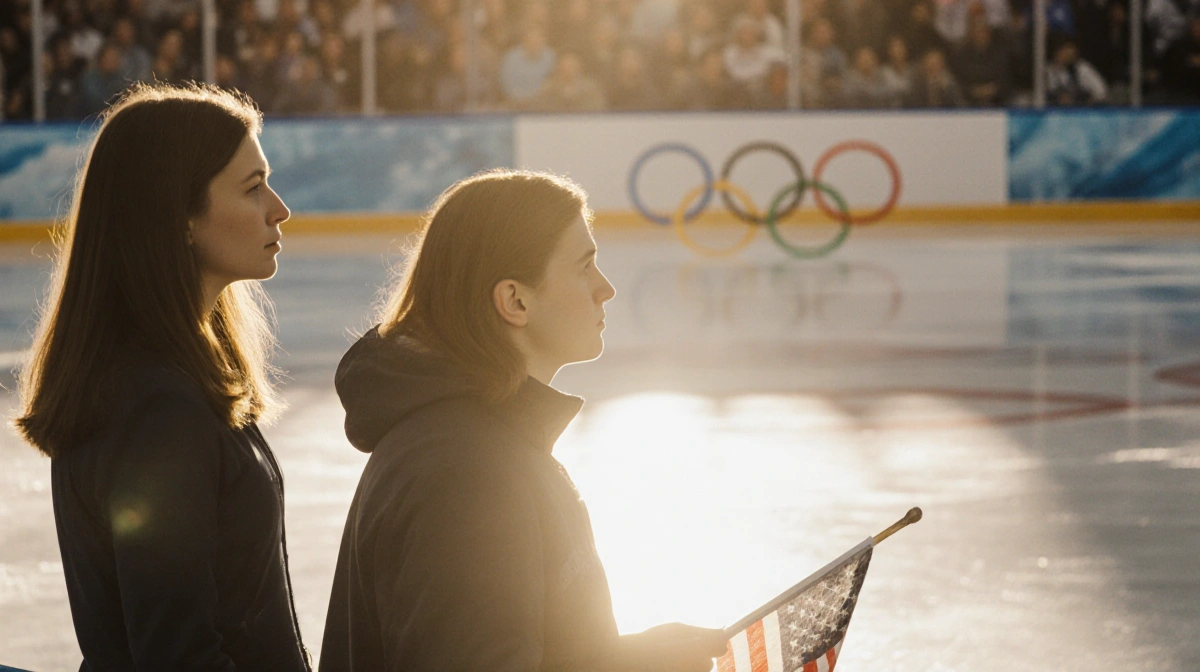 Alisa Efimova and Misha Mitrofanov stand at Olympic rink edge with faded U.S. flag showing disappointment