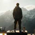 Athlete stands on Olympic podium with fading gold medal at feet and misty mountains behind