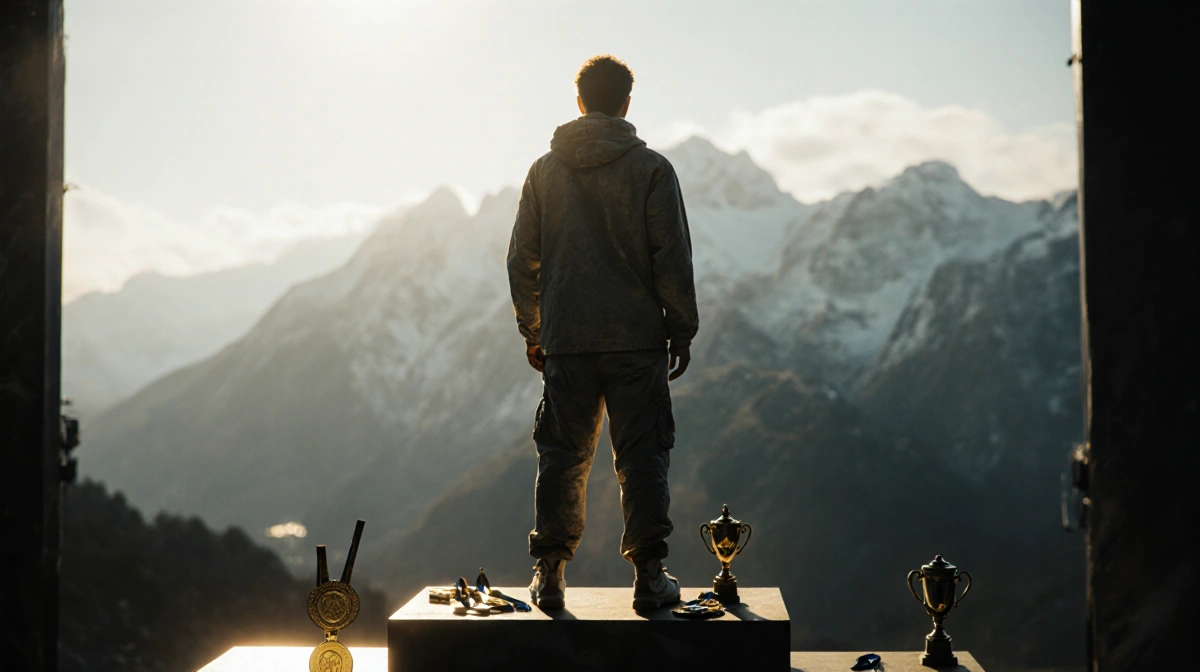 Athlete stands on Olympic podium with fading gold medal at feet and misty mountains behind