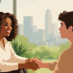 Oprah Winfrey talks with young couple holding hands in garden setting with city skyline behind