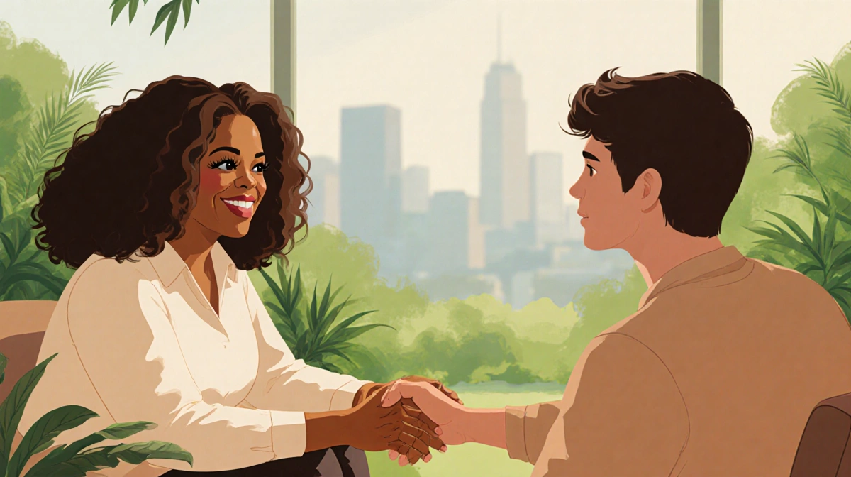 Oprah Winfrey talks with young couple holding hands in garden setting with city skyline behind
