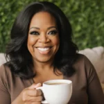 Oprah smiling while holding a coffee cup with a green wall behind her and a hint of a bookshelf