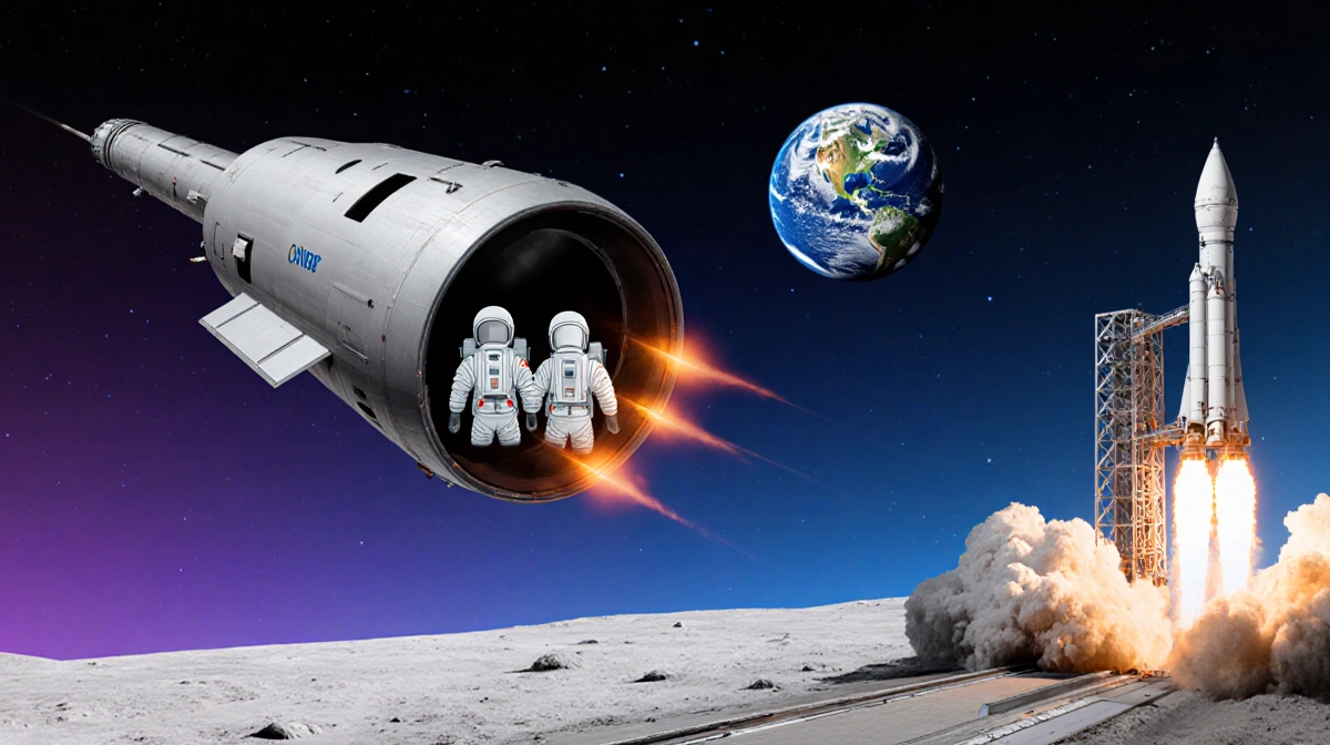 Orion spacecraft soaring toward the Moon with bright orange engines and astronauts in white suits looking at Earth