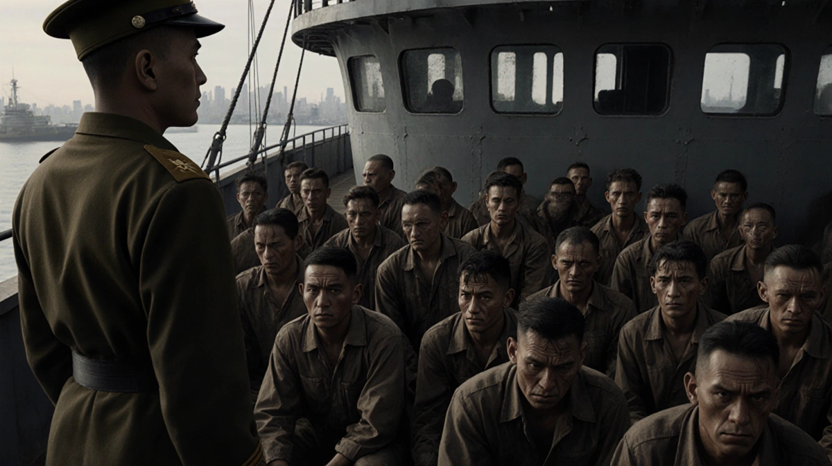 Japanese soldier guards emaciated prisoners on crowded ship deck with Manila harbor visible through portholes