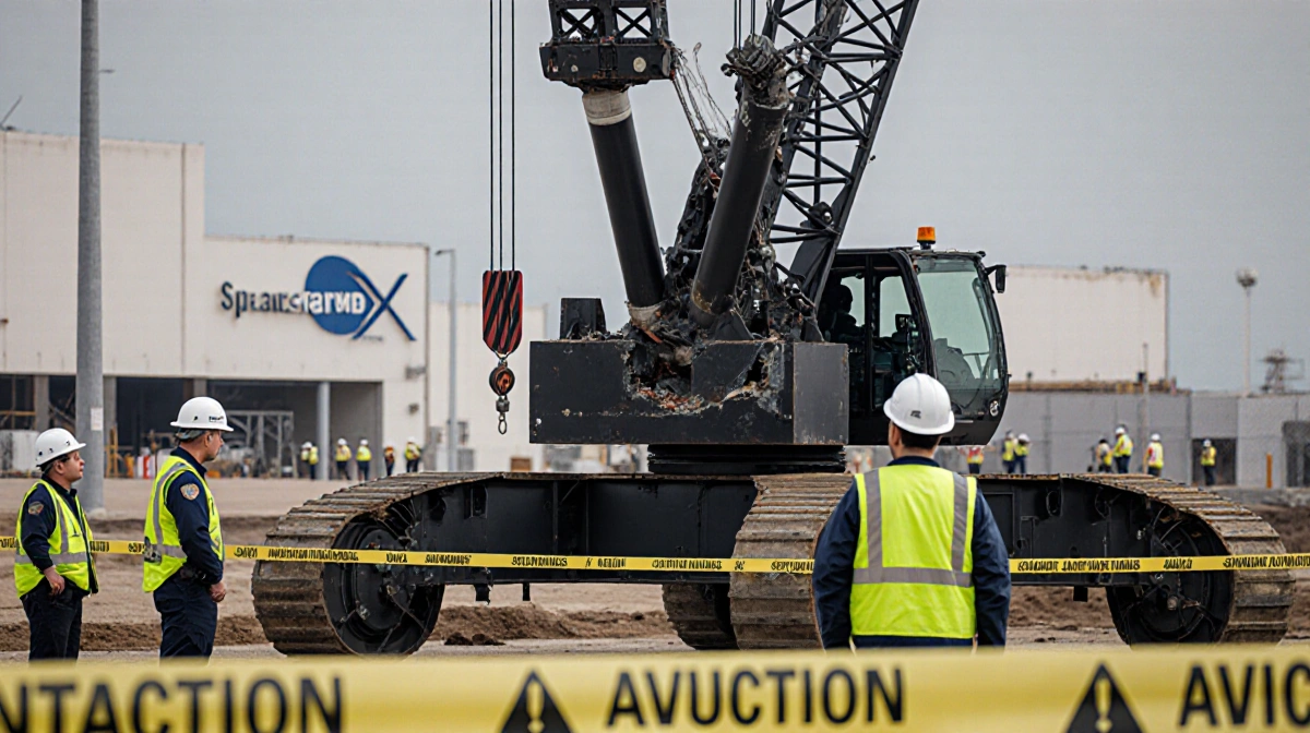 OSHA inspectors inspecting SpaceX crane with bright yellow caution tape and reflective vests while lone worker in PPE observe