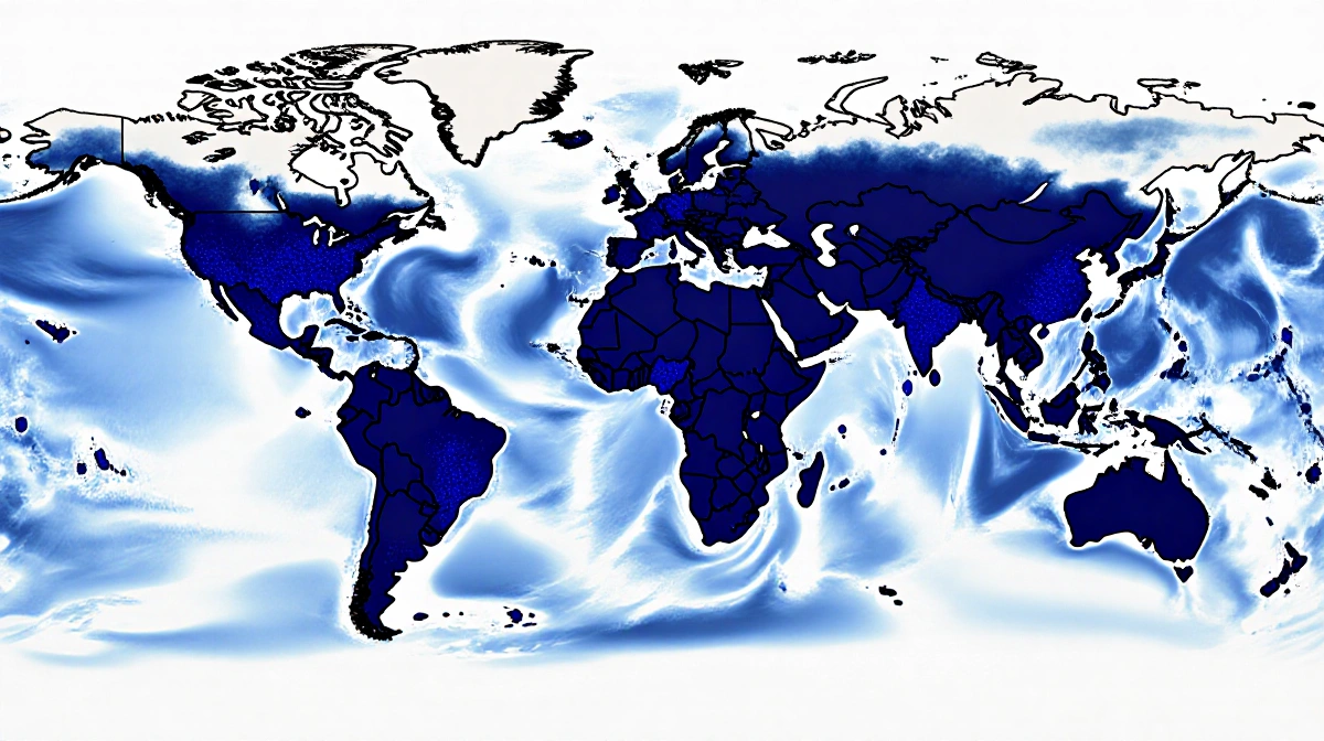 Dark blue heat maps swirl across world map with bright cities showing outage impact and scattered failure dots