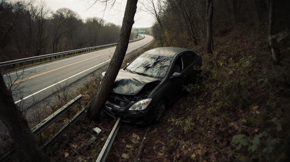Overturned sedan lies crumpled against trees with broken guardrail and distant roads visible