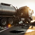 Overturned tanker truck lies on its side with debris scattered across I-276 and dark smudge marking pedestrian strike