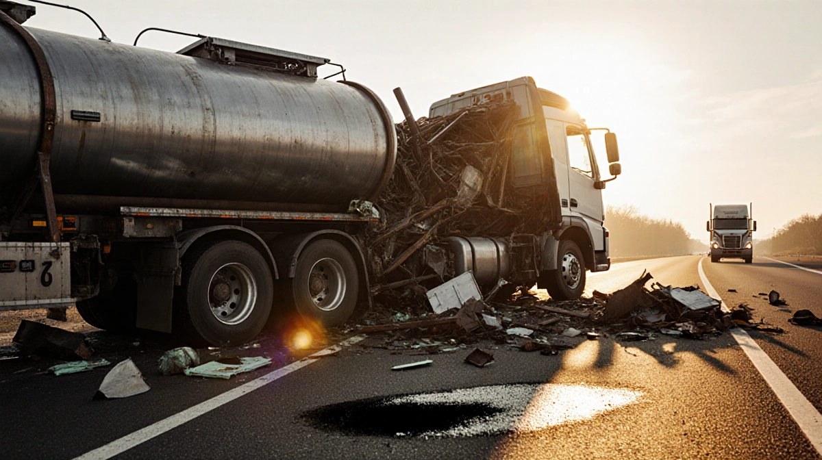 Overturned tanker truck lies on its side with debris scattered across I-276 and dark smudge marking pedestrian strike