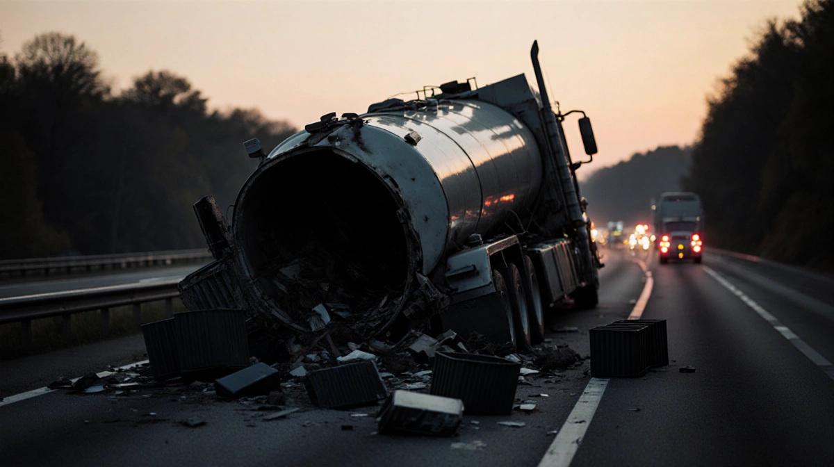 Overturned tanker truck lies across highway with twisted wreckage and emergency lights reflecting on pavement