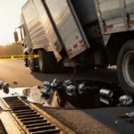 Overturned tractor trailer spills diesel fuel on Ridge Road with police tape blocking the crash site