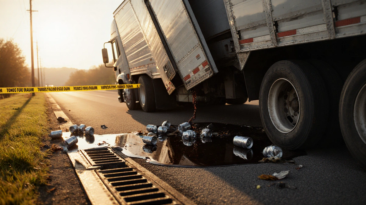 Overturned tractor trailer spills diesel fuel on Ridge Road with police tape blocking the crash site