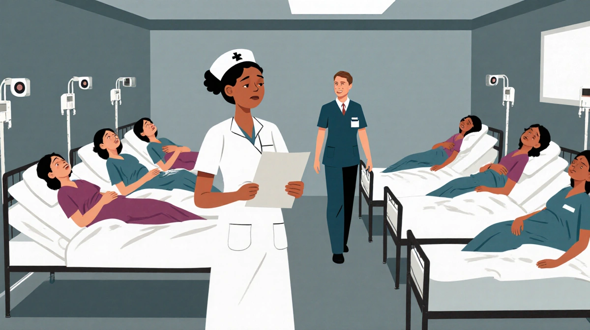 Overwhelmed nurse checks patient chart with concerned expression and administrator approaching in busy maternity ward