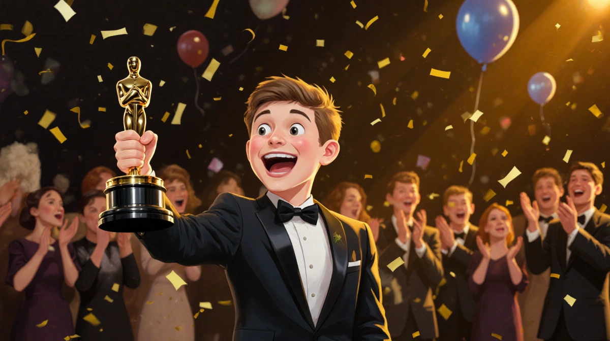 Teen actor Owen Cooper holds up his Best Supporting Actor award with pride and joy while the audience cheers behind him