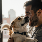 Owner embraces dog in tearful joy with warm glow from shelter doorway.