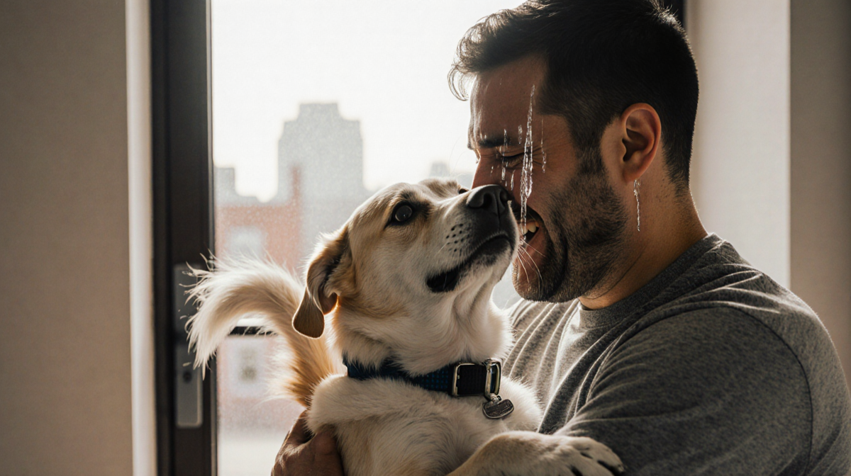 Owner embraces dog in tearful joy with warm glow from shelter doorway.