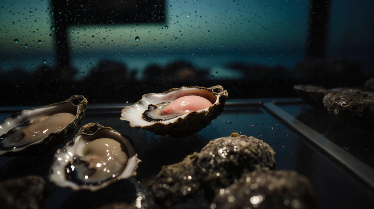 Oyster shell revealing pink flesh with condensation droplets on glass in a dim seafood market.