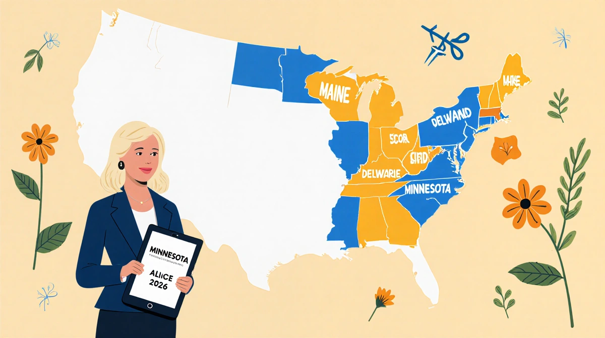 Senator Alice Mann stands before Maine Delaware Minnesota holding a tablet with family leave flowers symbolize support.