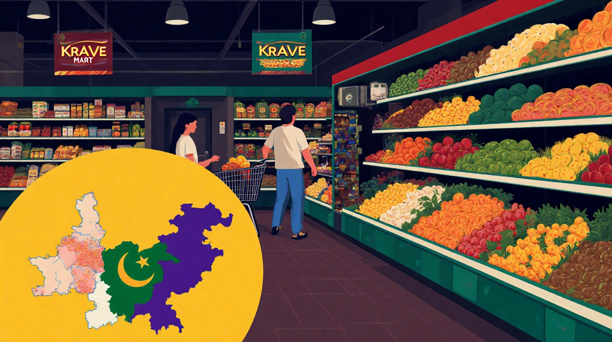 Shoppers browsing Krave Mart grocery aisles with Pakistani and international products and cultural symbols
