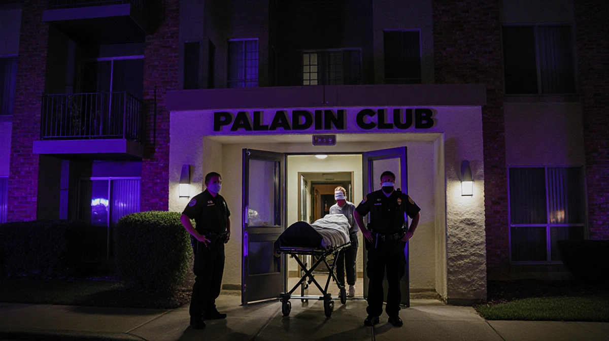 Police officer stands guard at Paladin Club Apartments entrance with hospital stretcher visible showing patients being wheele