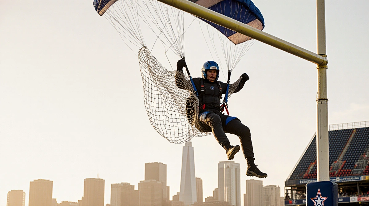 Parachutist tangled in netting behind a goal post with dynamic golden lighting and a blurred Fort Worth backdrop.