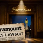 Faded Paramount logo looms over vintage theater lobby with lawsuit headline glowing under flickering spotlight