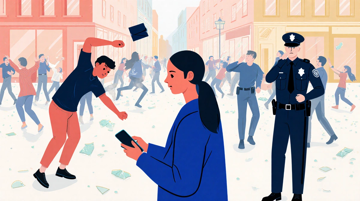 Parent facing police officer with phone while unruly teen throws object and broken glass litters the ground