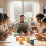 Diverse parents and caregivers working at table with laptops and notes near colorful blocks