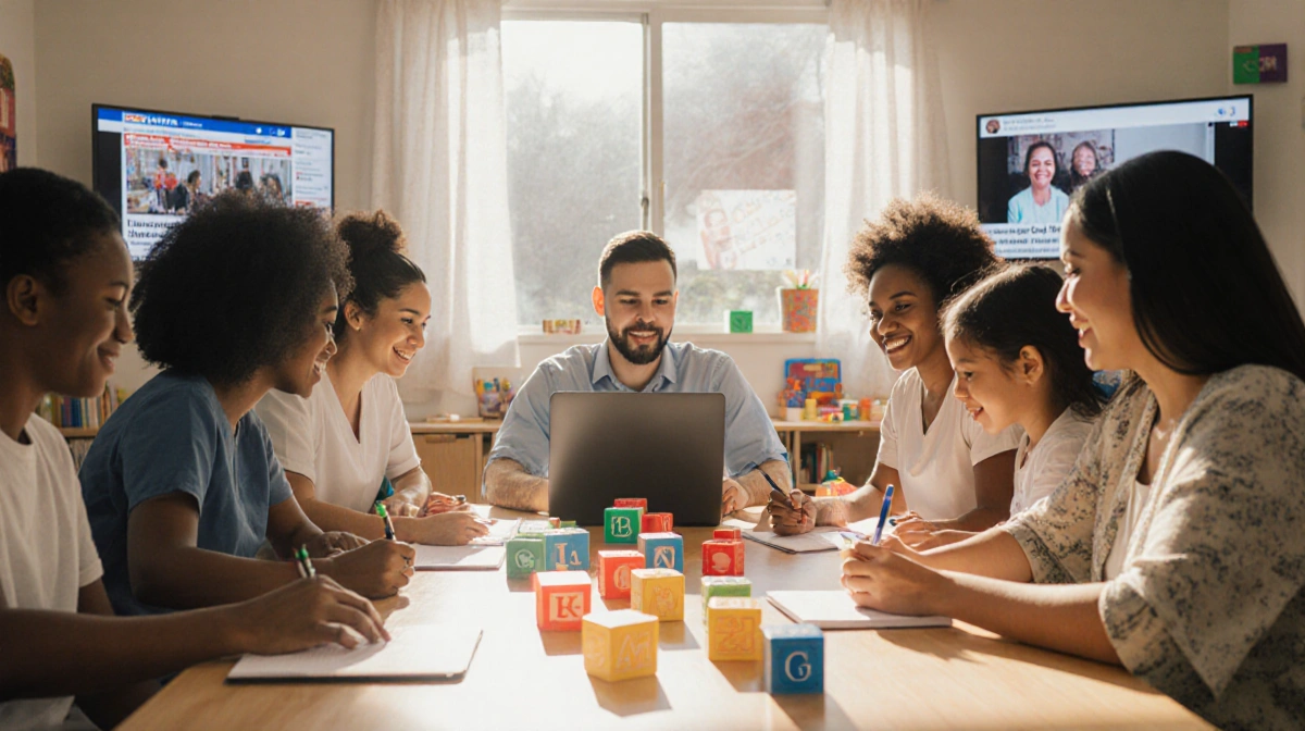 Diverse parents and caregivers working at table with laptops and notes near colorful blocks