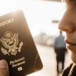 Hand holds worn US passport with American flag emblem and blurred security checkpoint background