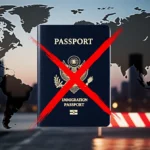 A passport marked with a red X sits in front of a cityscape with maps and globe silhouettes showing travel restrictions