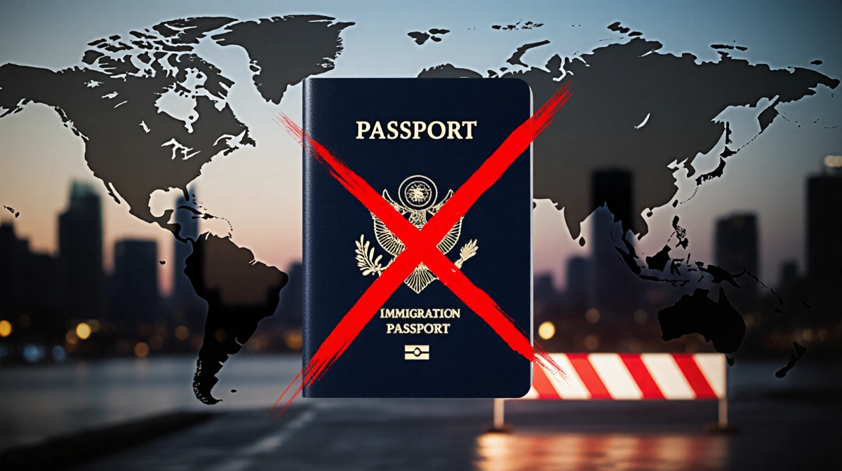 A passport marked with a red X sits in front of a cityscape with maps and globe silhouettes showing travel restrictions