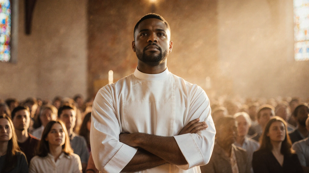 Pastor stands with crossed arms before congregation with golden church light illuminating members