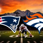 Football player crouches over ball with Patriots and Broncos logos on field against sunset sky and Rocky Mountains.