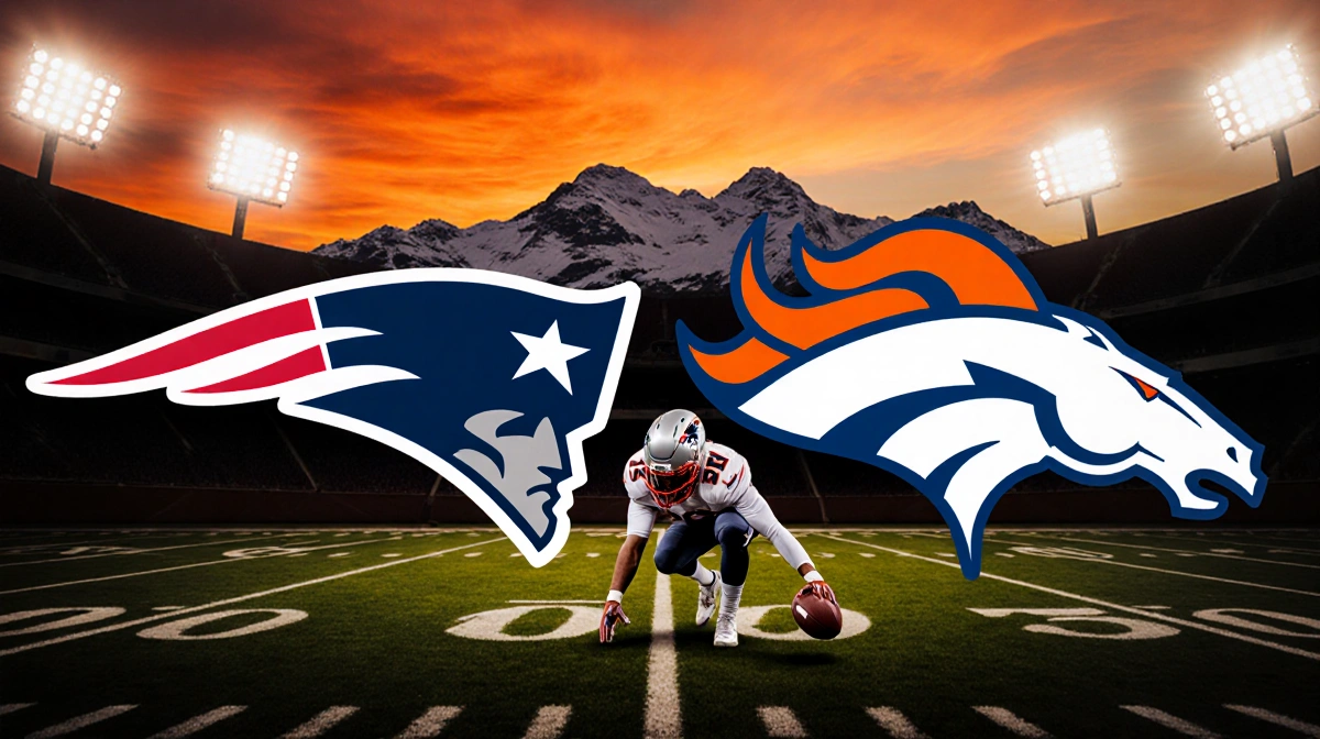 Football player crouches over ball with Patriots and Broncos logos on field against sunset sky and Rocky Mountains.