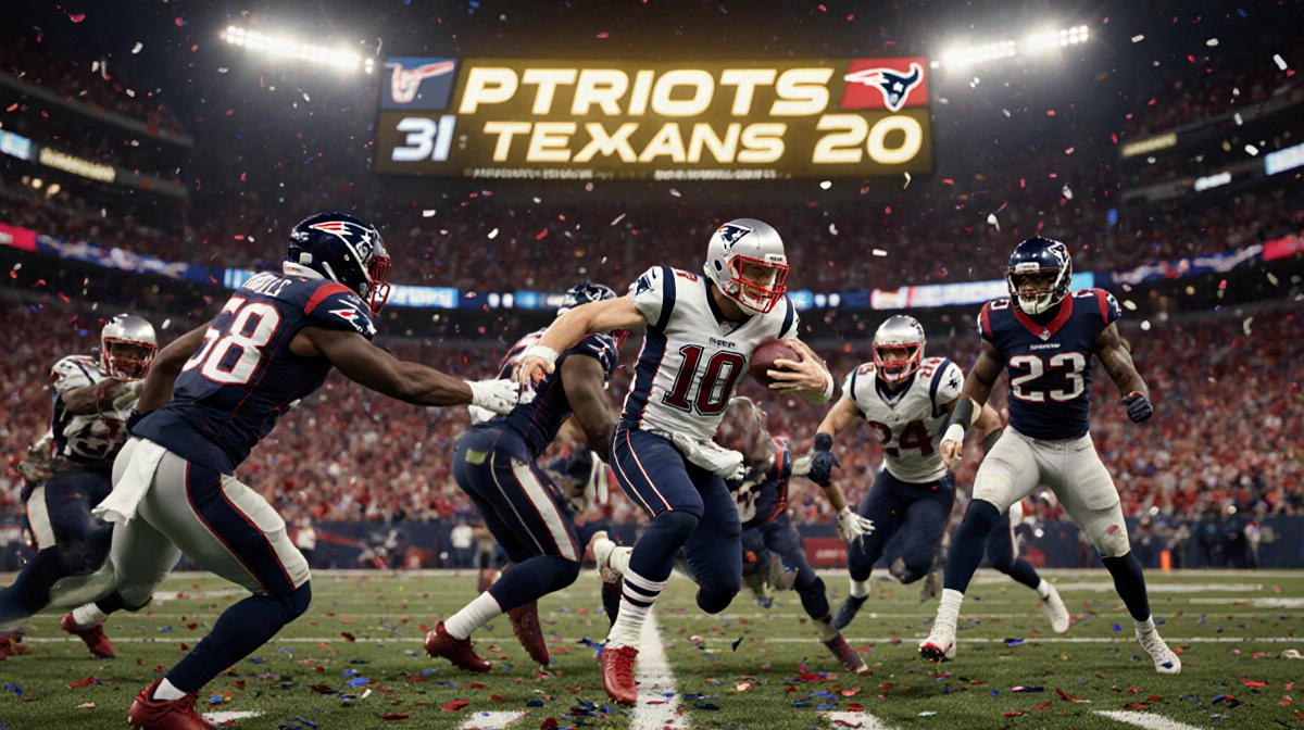 Texans quarterback Davis Mills scrambling out of bounds with Patriots defenders chasing and the scoreboard showing Patriots 3