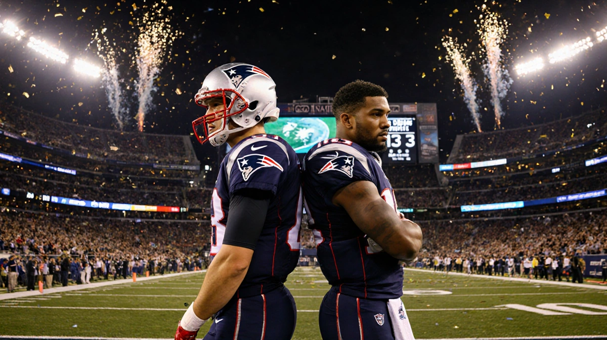 Christian Gonzalez and Drake Maye stand back-to-back with determined expressions near scoreboard showing Patriots 16-3 victor