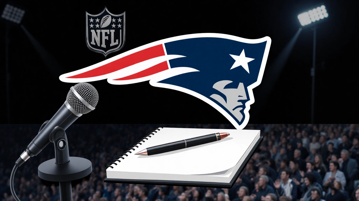 Microphone records statement with Patriots logo and subtle NFL shield background